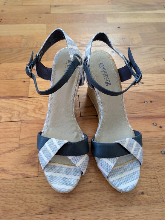 Sperry Shoes - Sperry Valencia  Blue & White Striped Canvas Wedge Sandals.